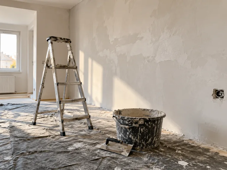 Ilustrație: perete proaspăt gletuit, scară și unelte într-un apartament în renovare