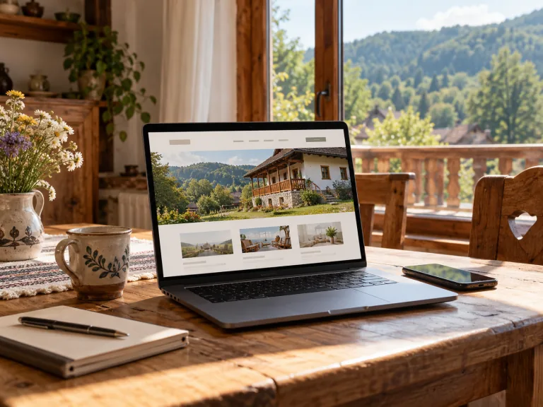 Ilustrație demonstrativă: site de prezentare al unei pensiuni, pe laptop
